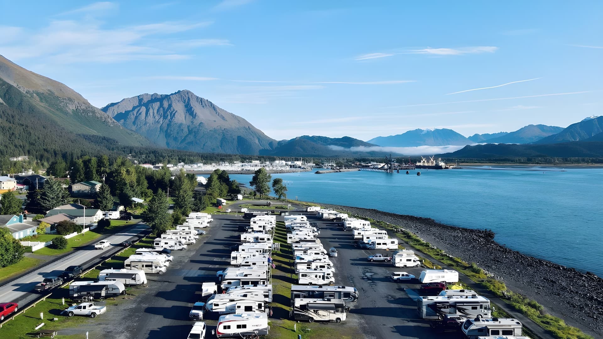RV park road lined with caravans on a sunny day